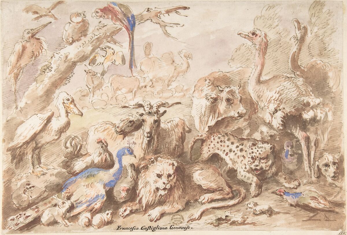 A Congress of Animals, Giovanni Francesco Castiglione  Italian, Pen and brown ink, brush and watercolor, over traces of black chalk