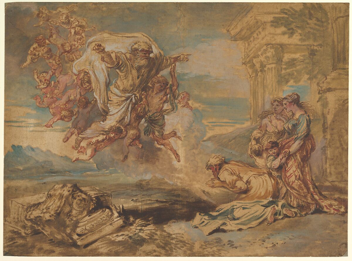 God the Father Appearing to Jacob, Giovanni Benedetto Castiglione (Il Grechetto) (Italian, Genoa 1609–1664 Mantua), Brush with colored oil paint and touches of brown ink; paper partly saturated with oil 