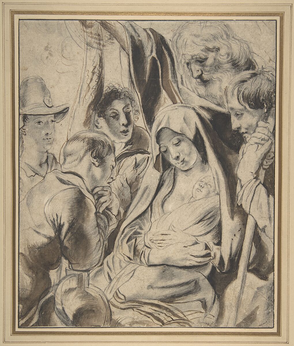 Adoration of the Shepherds, After Jacob Jordaens (Flemish, Antwerp 1593–1678 Antwerp), Pen and brown ink, brush and brown wash, over black chalk. Framing lines in pen and black ink. 