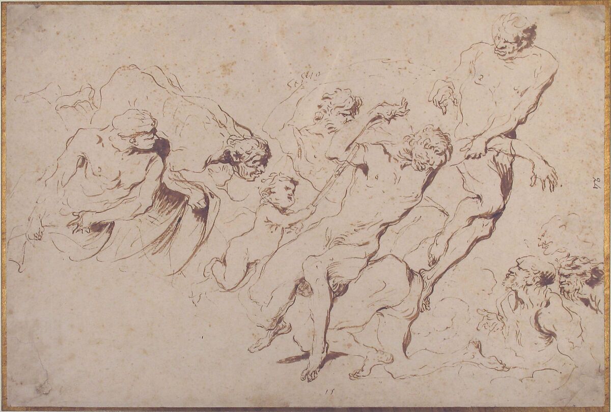 Fantastic Subject: Five Nude Male Figures Punishing Another, Giovanni Benedetto Castiglione (Il Grechetto) (Italian, Genoa 1609–1664 Mantua), Pen and dark brown ink, brush and brown wash