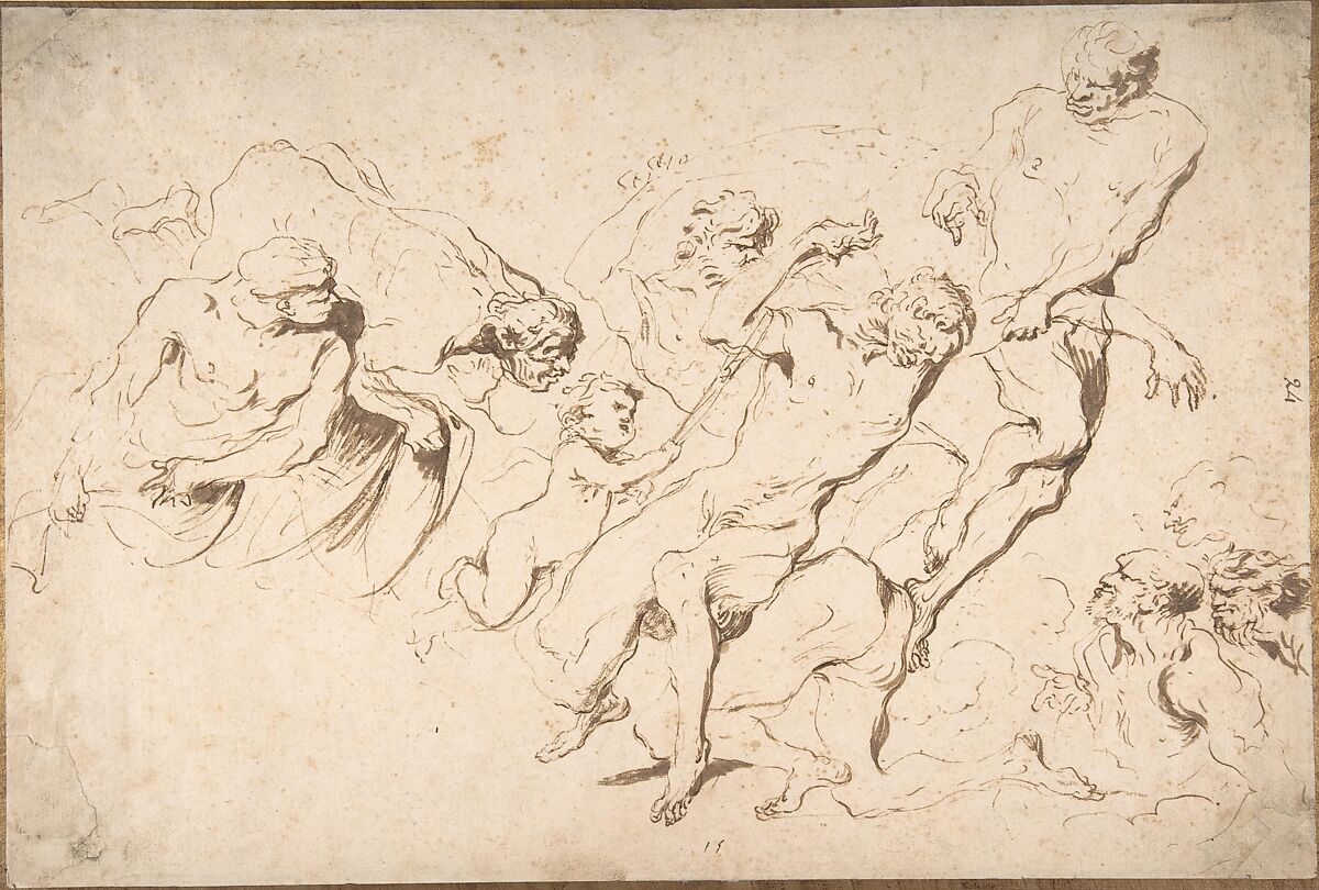 Fantastic Subject: Five Nude Male Figures Punishing Another, Giovanni Benedetto Castiglione (Il Grechetto) (Italian, Genoa 1609–1664 Mantua), Pen and dark brown ink, brush and brown wash 