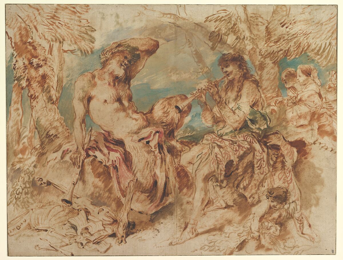 Youth Playing a Pipe for a Satyr, Giovanni Benedetto Castiglione (Il Grechetto) (Italian, Genoa 1609–1664 Mantua), Brush with colored oil paint; paper partly saturated with oil; lined 