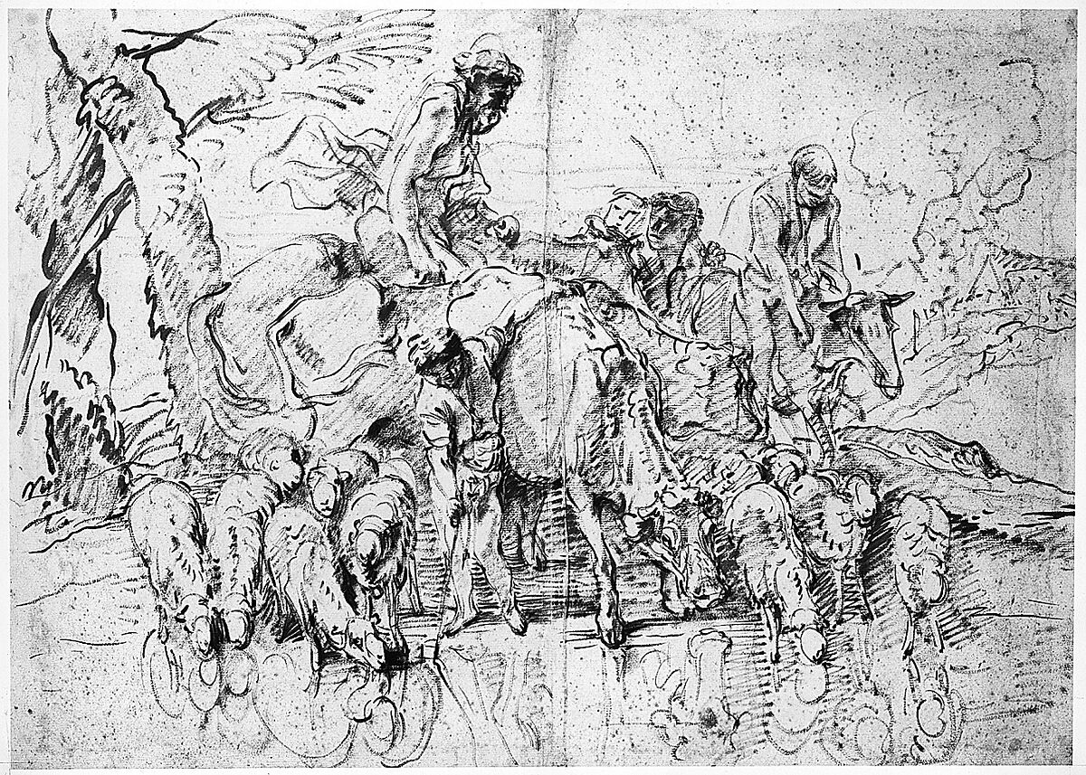 Pastoral Journey with Flocks and Herds at a Stream, Giovanni Benedetto Castiglione (Il Grechetto) (Italian, Genoa 1609–1664 Mantua), Brush with red and brown oil paint