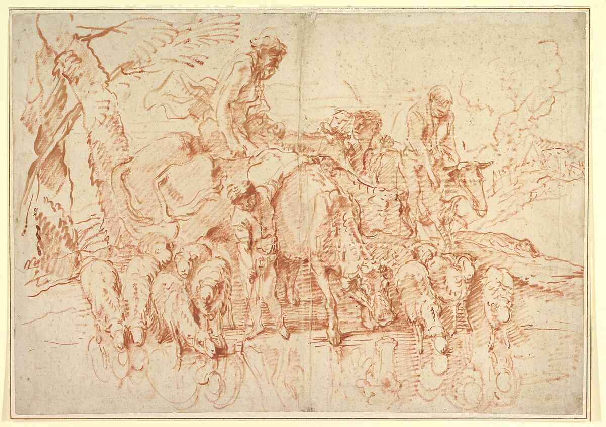 Pastoral Journey with Flocks and Herds at a Stream, Giovanni Benedetto Castiglione (Il Grechetto) (Italian, Genoa 1609–1664 Mantua), Brush with red and brown oil paint 