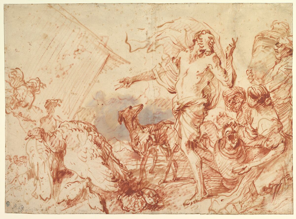 Noah Entering the Ark, Giovanni Benedetto Castiglione (Il Grechetto) (Italian, Genoa 1609–1664 Mantua), Brush with red and brown oil paint; small passage in the center with gray-blue oil paint 