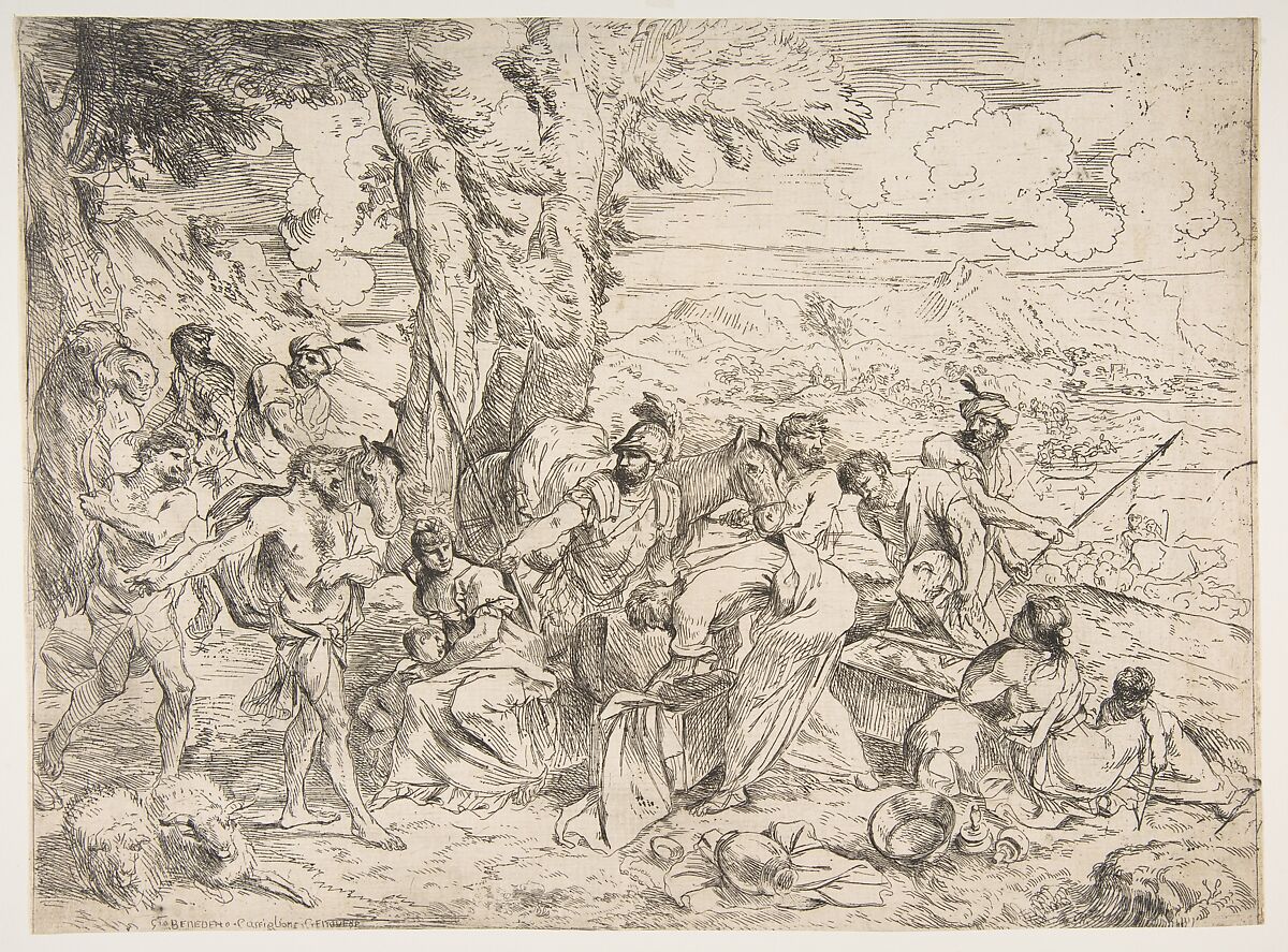 Laban searching for idols among Jacob's possessions, Giovanni Benedetto Castiglione (Il Grechetto) (Italian, Genoa 1609–1664 Mantua), Etching 