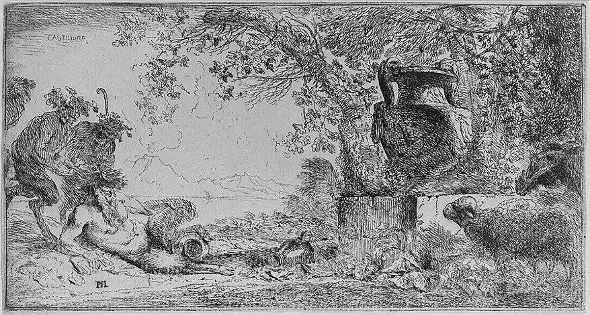 Pan reclincing near a large vase set in a landscape, Giovanni Benedetto Castiglione (Il Grechetto) (Italian, Genoa 1609–1664 Mantua), Etching