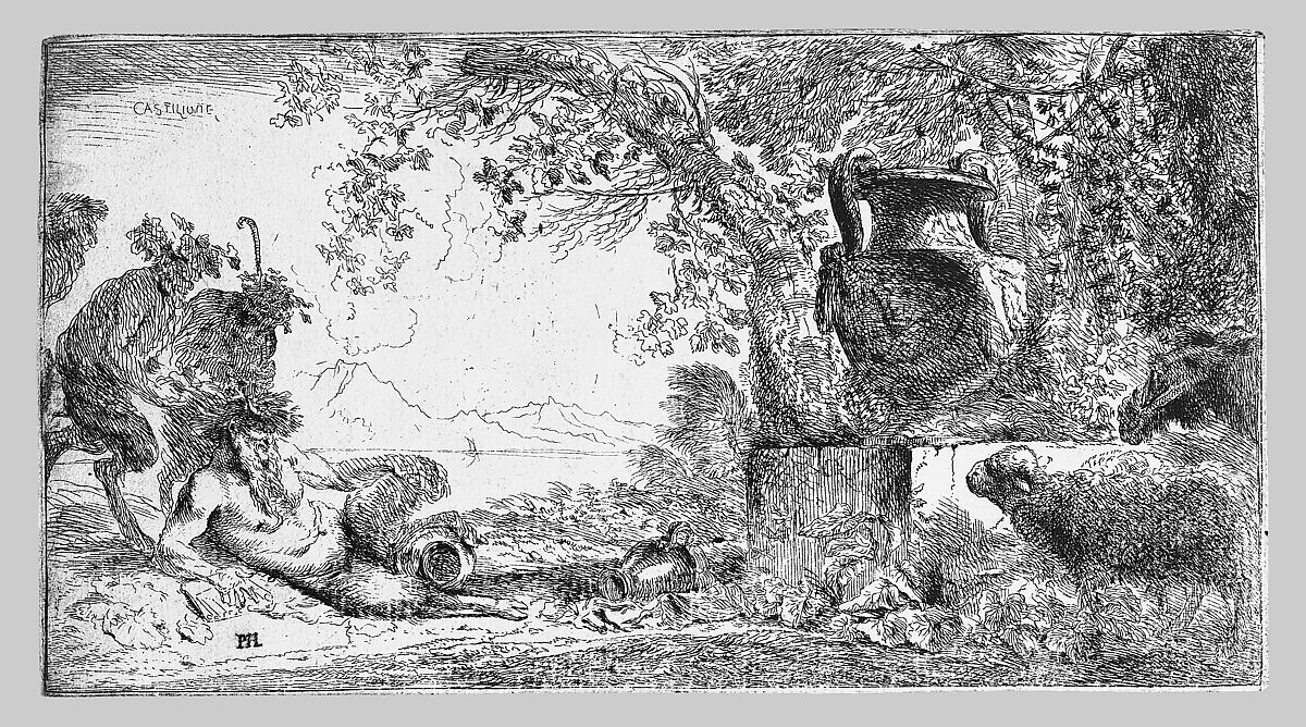 Pan reclincing near a large vase set in a landscape, Giovanni Benedetto Castiglione (Il Grechetto) (Italian, Genoa 1609–1664 Mantua), Etching