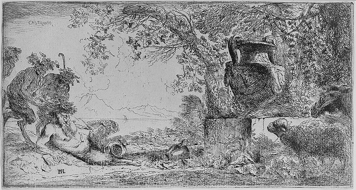 Pan reclincing near a large vase set in a landscape, Giovanni Benedetto Castiglione (Il Grechetto) (Italian, Genoa 1609–1664 Mantua), Etching