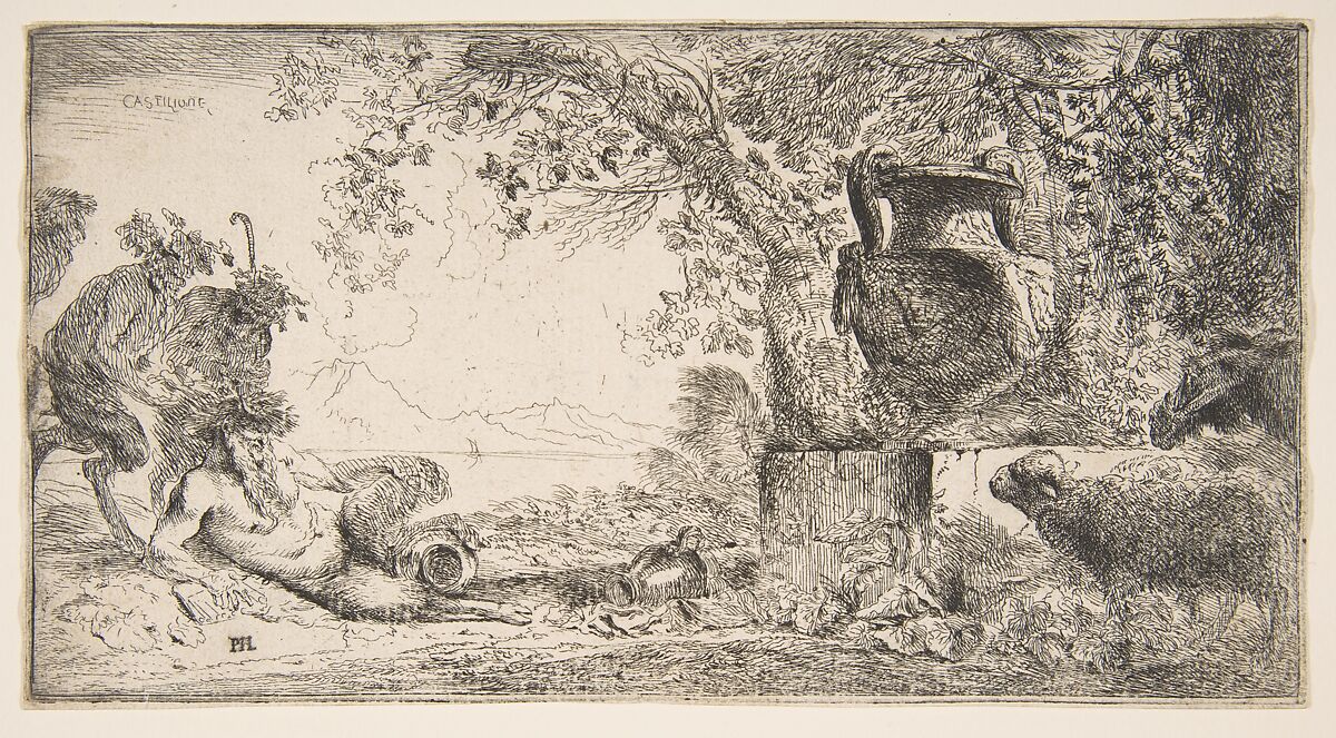 Pan reclincing near a large vase set in a landscape