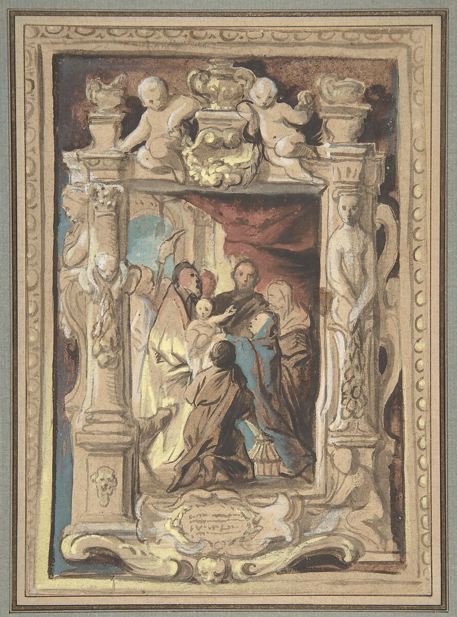The Presentation in the Temple, with a Design for a Sculpted Frame, Jacob Jordaens (Flemish, Antwerp 1593–1678 Antwerp), Brush and brown ink, watercolor, gouache, heightened with white and yellow gouache 