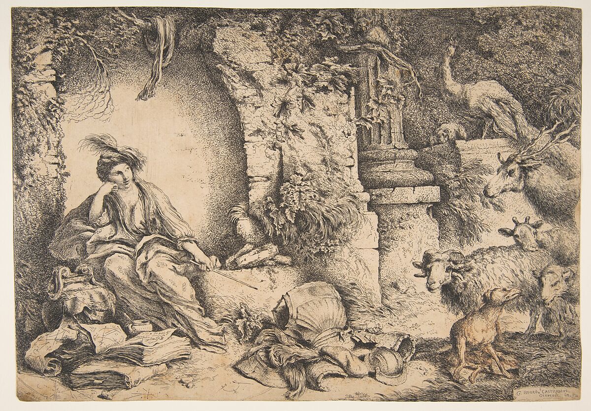 Circe with the companions of Ulysses changed into animals, Giovanni Benedetto Castiglione (Il Grechetto)  Italian, Etching, touches of red chalk added by hand
