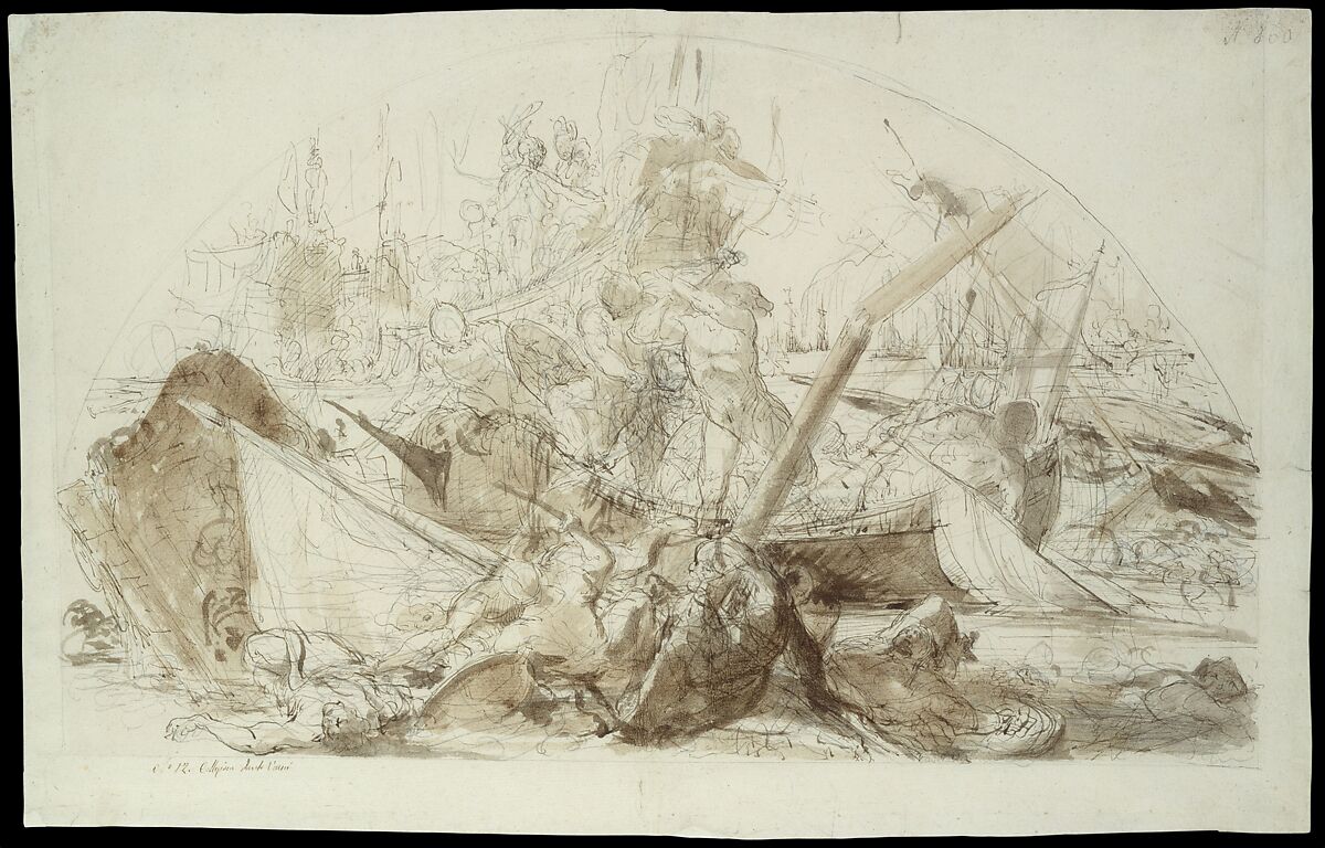 The Naval Battle of Meloria, Giovanni David (Italian, Cabella Ligure 1749–1790 Genoa), Pen and brown ink, brush and brown wash, over graphite