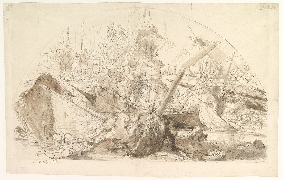 The Naval Battle of Meloria, Giovanni David (Italian, Cabella Ligure 1749–1790 Genoa), Pen and brown ink, brush and brown wash, over graphite 