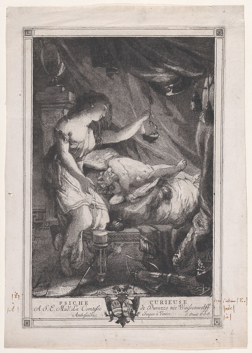 Curious Psyche, Giovanni David (Italian, Cabella Ligure 1749–1790 Genoa), Etching and aquatint; corrected proof with notations in pen and brown ink 