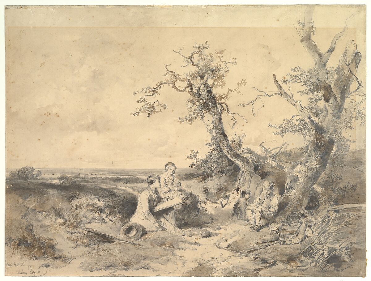 Landscape with an Artist Sketching, Mari ten Kate (Dutch, The Hague 1831–1910 Paris), Graphite, brown wash. 