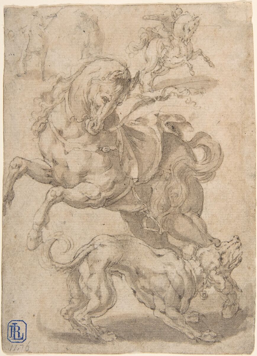Horses and Dog, Anonymous, 17th century, Pen and brown ink, brown wash 