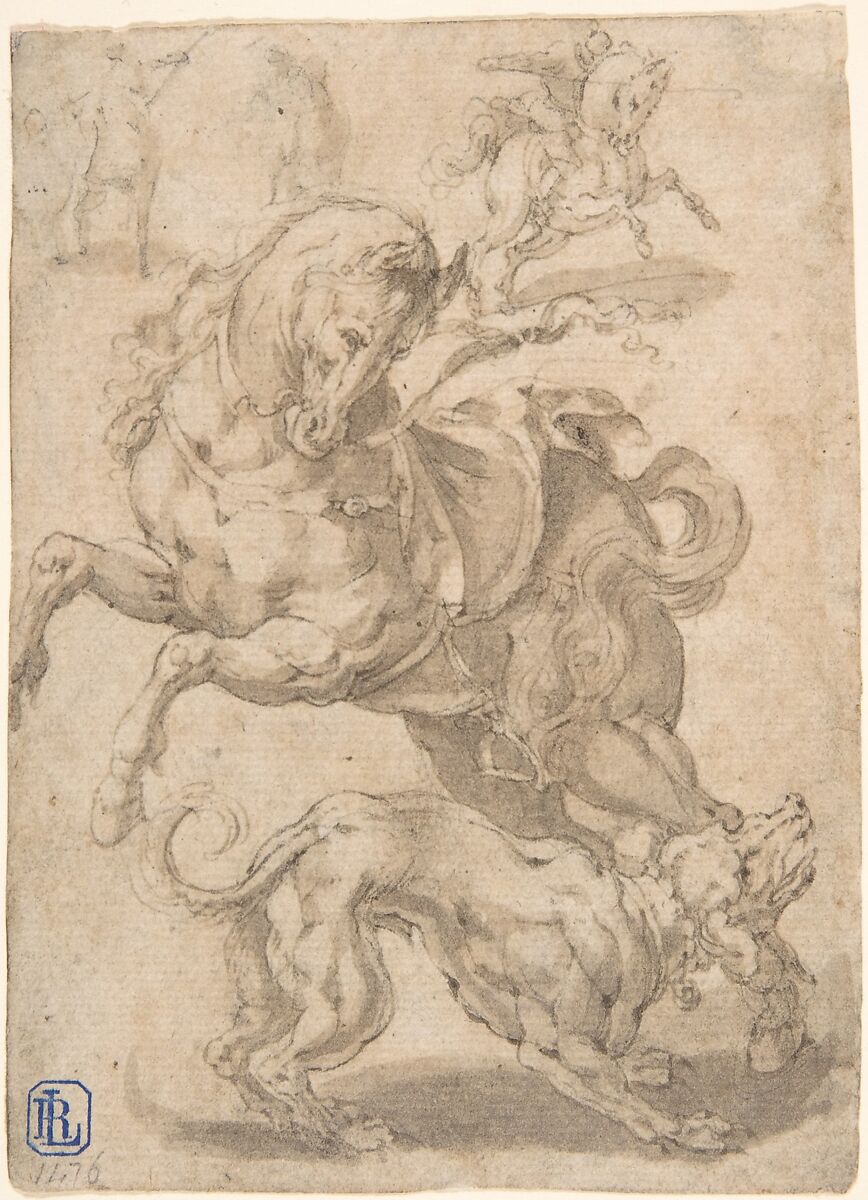 Horses and Dog, Anonymous, 17th century, Pen and brown ink, brush and brown wash