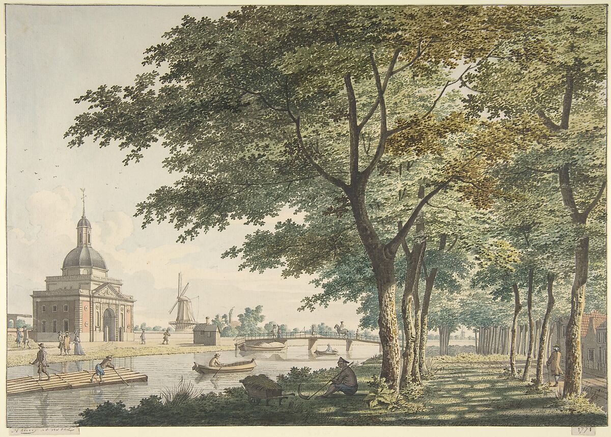 The Muiderpoort, Amsterdam, seen from the Plantage, Hendrick Keun (Dutch, Haarlem 1738–1787 Haarlem), Black chalk, pen and brown and gray ink and watercolor 