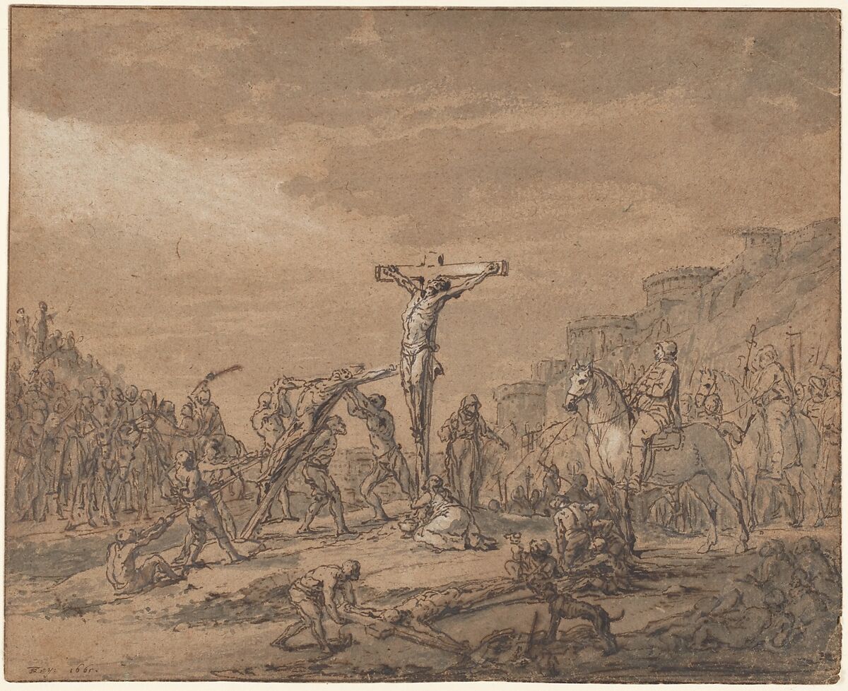 Crucifixion, Attributed to Thomas de Keyser (Dutch, Amsterdam (?) 1596/97–1667 Amsterdam), Pen and brown ink, brown and gray wash, heightened with white on brown paper. Framing line in pen & brown ink