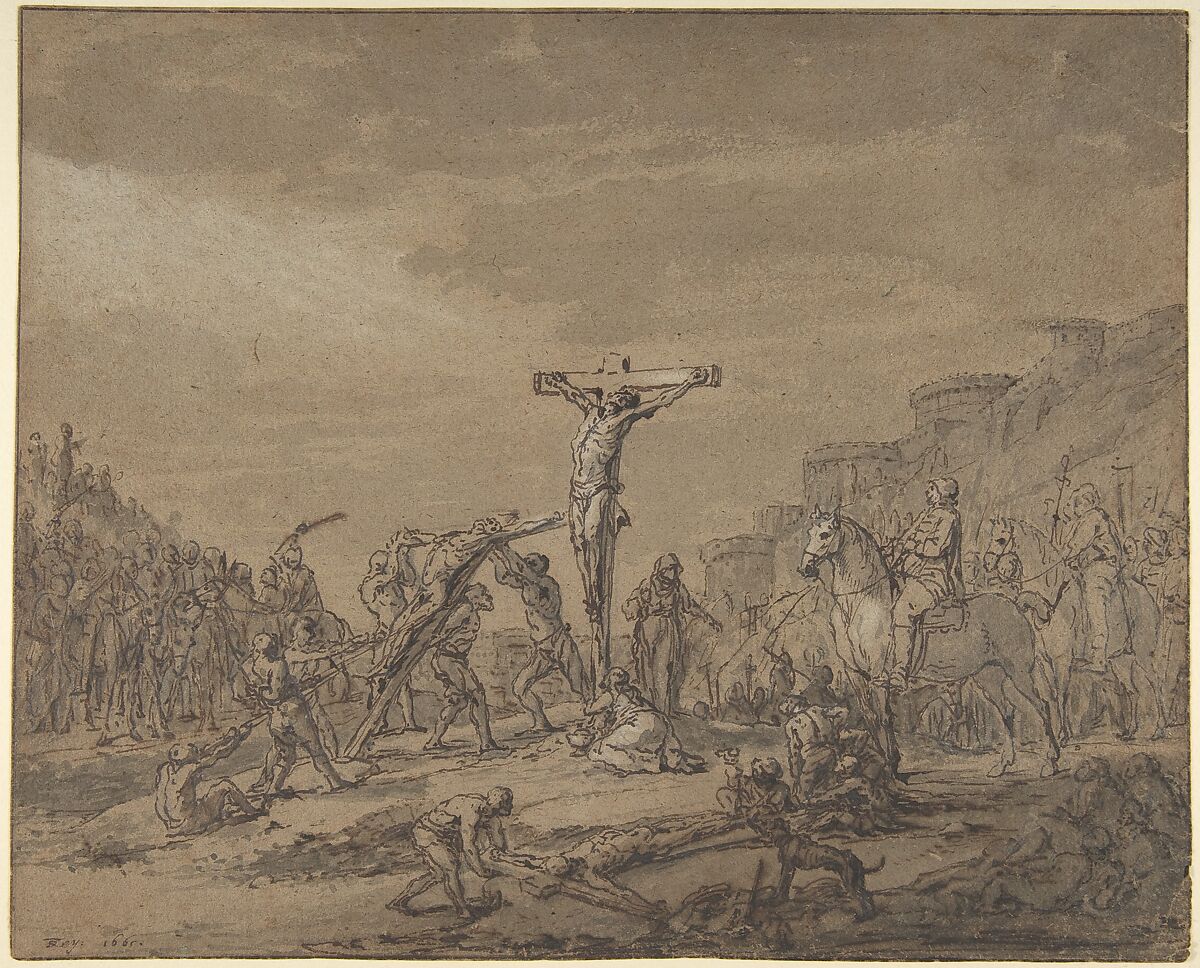 Crucifixion, Attributed to Thomas de Keyser (Dutch, Amsterdam (?) 1596/97–1667 Amsterdam), Pen and brown ink, brown and gray wash, heightened with white on brown paper. Framing line in pen & brown ink 