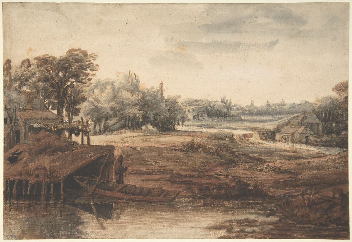 River Landscape with a Man Standing by a Boathouse, Philips Koninck (Dutch, Amsterdam 1619–1688 Amsterdam), Pen and brown ink, reddish-brown (red chalk?), gray wash. 