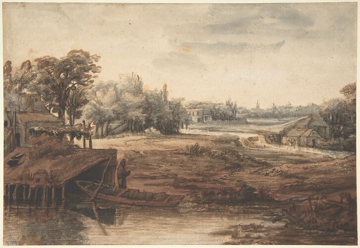 River Landscape with a Man Standing by a Boathouse