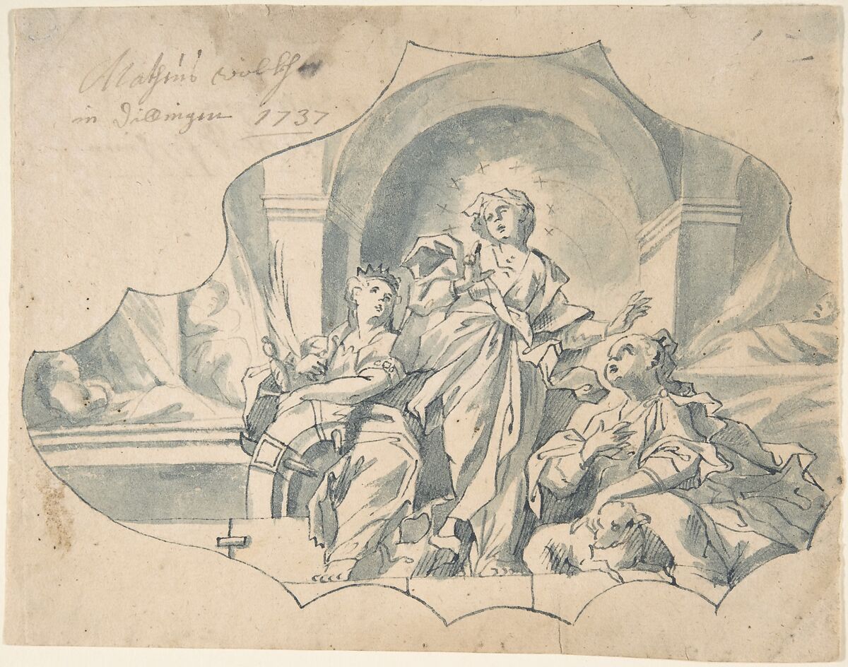 Design for a Ceiling showing the Virgin, Catherine, and Agnes, Matthais Wolcker (German, active Schelklingen (?) 1730–42 Dillingen), Pen and blue ink, brush and blue wash over traces of graphite 