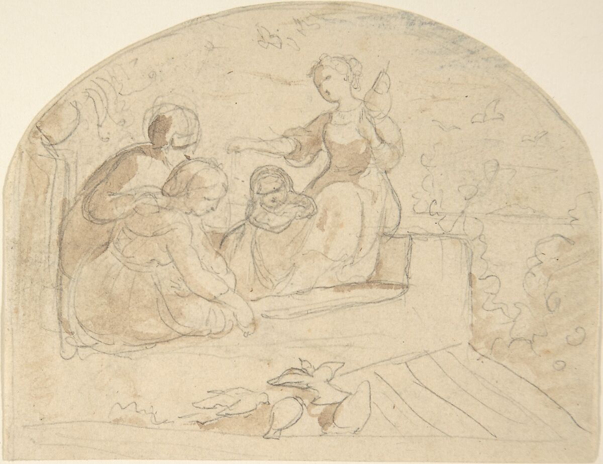 Three Women and a Child on a Roof, Adrian Ludwig Richter (German, Dresden 1803–1884 Dresden), Graphite, brush, and brown wash. 