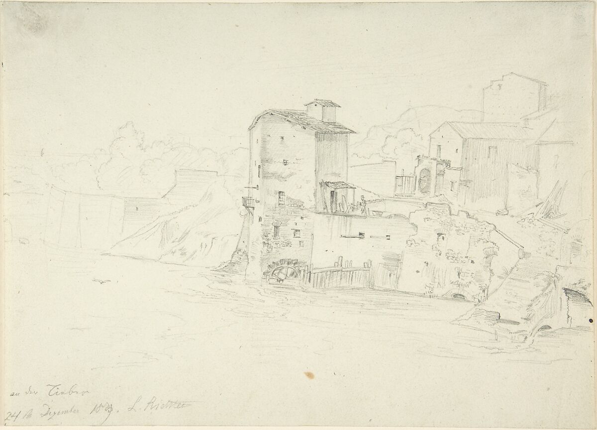 Landscape with Mill and Buildings, Adrian Ludwig Richter (German, Dresden 1803–1884 Dresden), Graphite on light blue woven paper. 