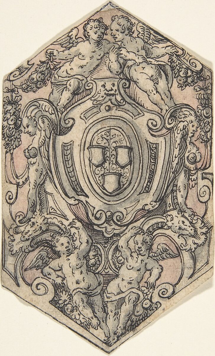 Design for a Coat of Arms with Putti holding Garlands, Tobias Stimmer (Swiss, Schaffhausen 1539–1584 Strasbourg), Pen and black ink, brush and gray and rose wash. 