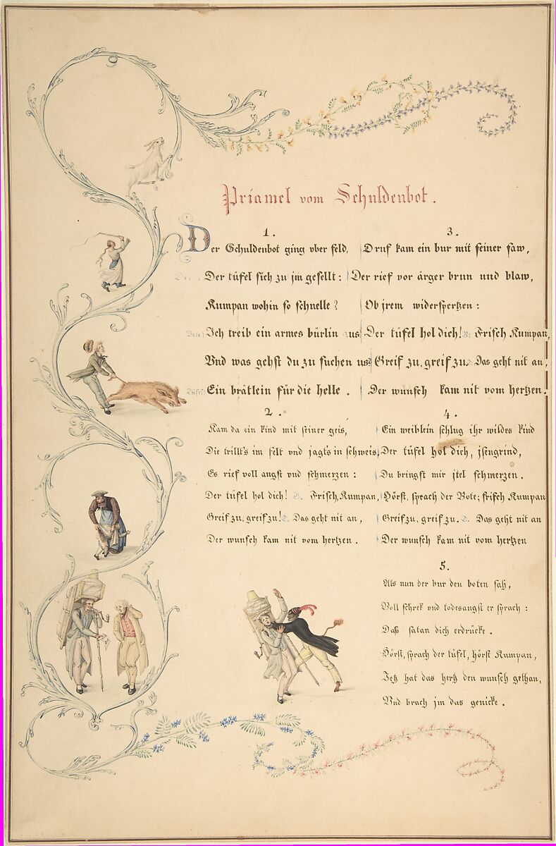 Sheets of Verses: Priamel vom Schuldenbot, Johann Martin Usteri (Swiss, Zurich 1763–1827 Rapperswil), Pen and brown ink, brush and watercolor.  Framing lines in pen and brown. 