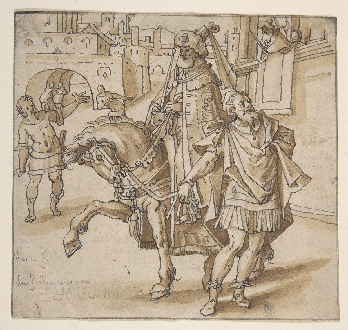 Triumph of Mordecai, Attributed to Hans Ulrich Fisch vom Stein I (Swiss, Aarau 1583–1647 Aarau), Pen and black ink, brush and brown wash 