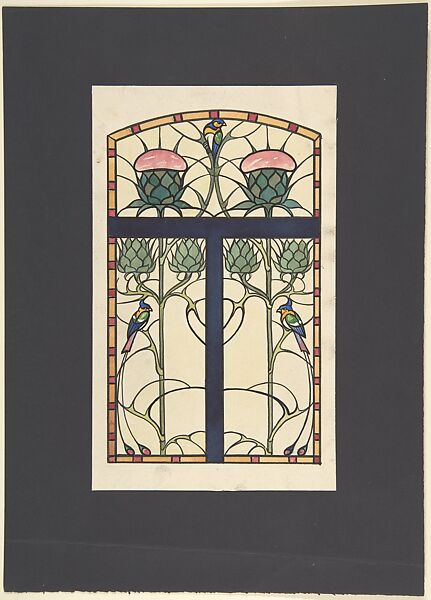 Design for Stained Glass Window, Reinhold Vetter  German, Brush and black ink, watercolor. Laid down on black paper mount.