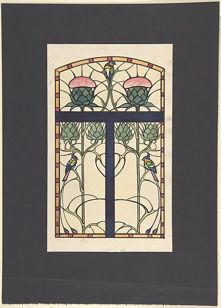 Design for Stained Glass Window, Attributed to Reinhold Vetter (German, Sohland, 1877–before 1961), Brush and black ink, watercolor. Laid down on black paper mount. 