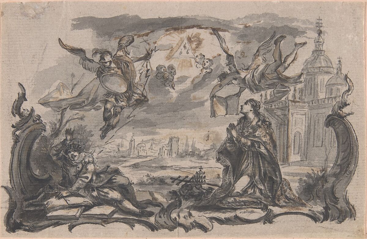 Design for Book Illustration, Franz Sigrist (Austrian, Altbreisach 1727–1803 Vienna), Pen and black ink, brush and black, brown, gray wash on paper washed with gray.  Incised for transfer. Mounted on pink paper with pencil framing lines. 