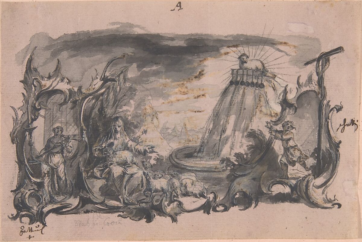 Design for Book Illustration, Franz Sigrist (Austrian, Altbreisach 1727–1803 Vienna), Pen and black ink, brush and black and gray wash, white heightening on paper washed with pinkish gray.  Incised for transfer. Mounted on pink paper with pencil framing lines. 