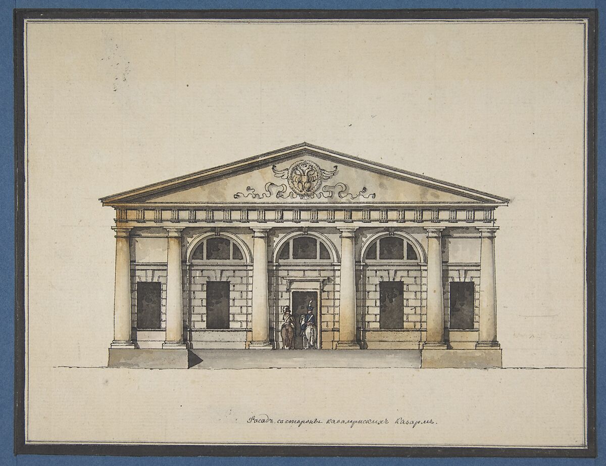 Project for the Riding-School of the Horse Guards in Saint Petersburg - Elevation of the Side Entrance, Giacomo Quarenghi (Italian, Rota d&#39;Imagna near Bergamo 1744–1817 Saint Petersburg), Pen and black ink, brush with black-gray, brown, pink, blue, and ochre wash, over ruled construction lines in graphite.  Framing lines in pen and black ink over graphite 
