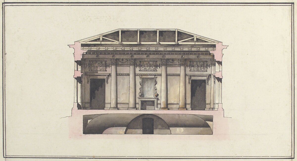Project for the Alexander Palace, Tsarskoe Selo (Section), Giacomo Quarenghi (Italian, Rota d'Imagna near Bergamo 1744–1817 Saint Petersburg), Pen and black ink, brush with pink, gray and ocher wash, over ruled construction lines in graphite