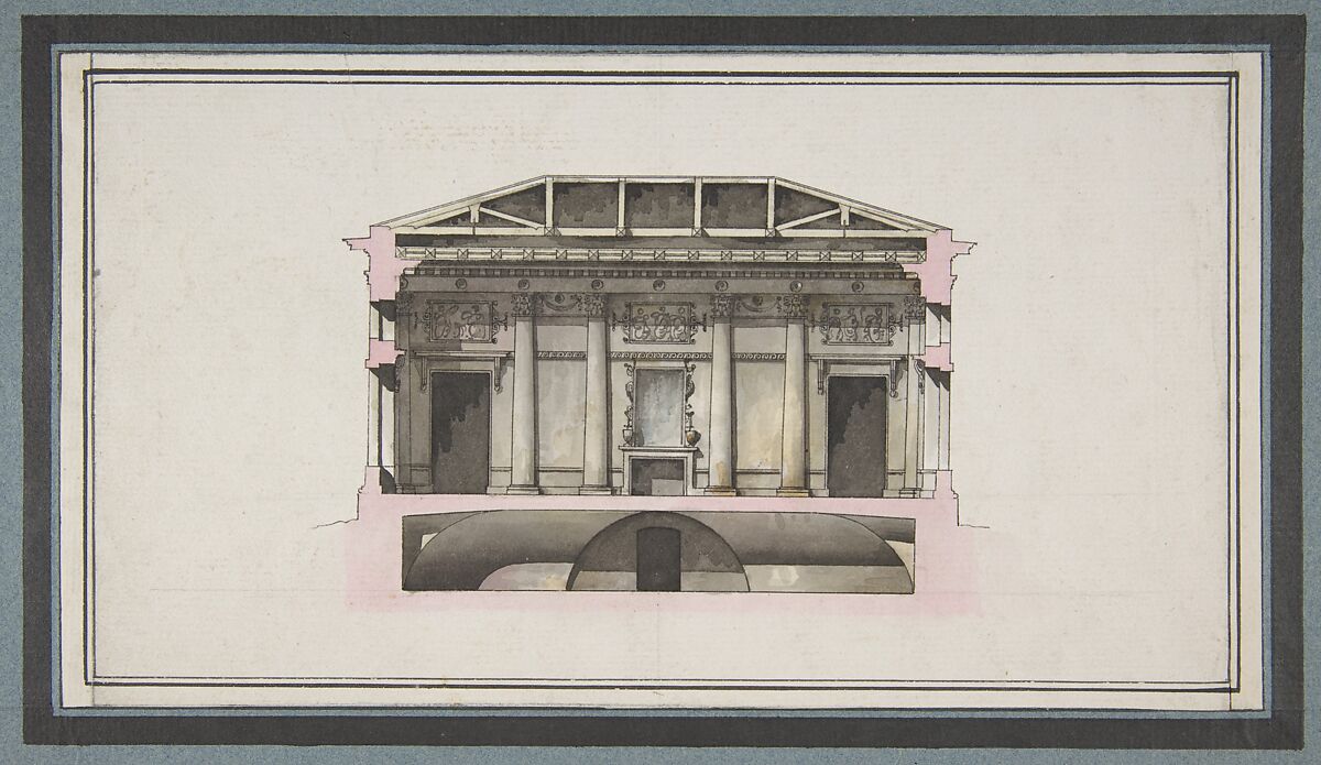 Project for the Alexander Palace, Tsarskoe Selo (Section), Giacomo Quarenghi (Italian, Rota d&#39;Imagna near Bergamo 1744–1817 Saint Petersburg), Pen and black ink, brush with pink, gray and ocher wash, over ruled construction lines in graphite 