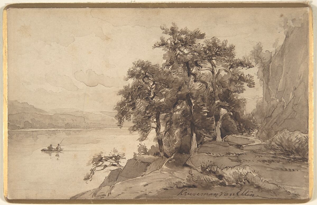 Landscape, Hendrik-Dirk Kruseman Van Elten (American (born Holland), Alkmaar 1829–1904 Paris, France), Pen, brush, brown ink and brown wash, on beige cardboard. 