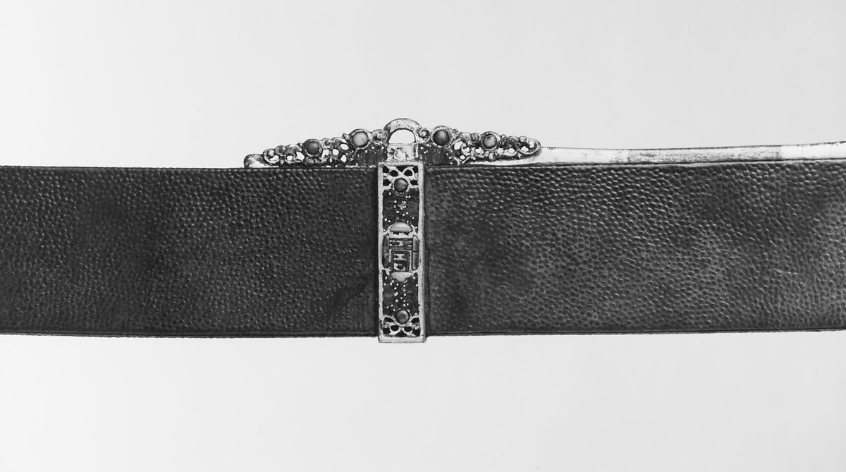 Sword with Scabbard, Steel, mother-of-pearl, coral, shark skin, textile, gold, semiprecious stones, Chinese