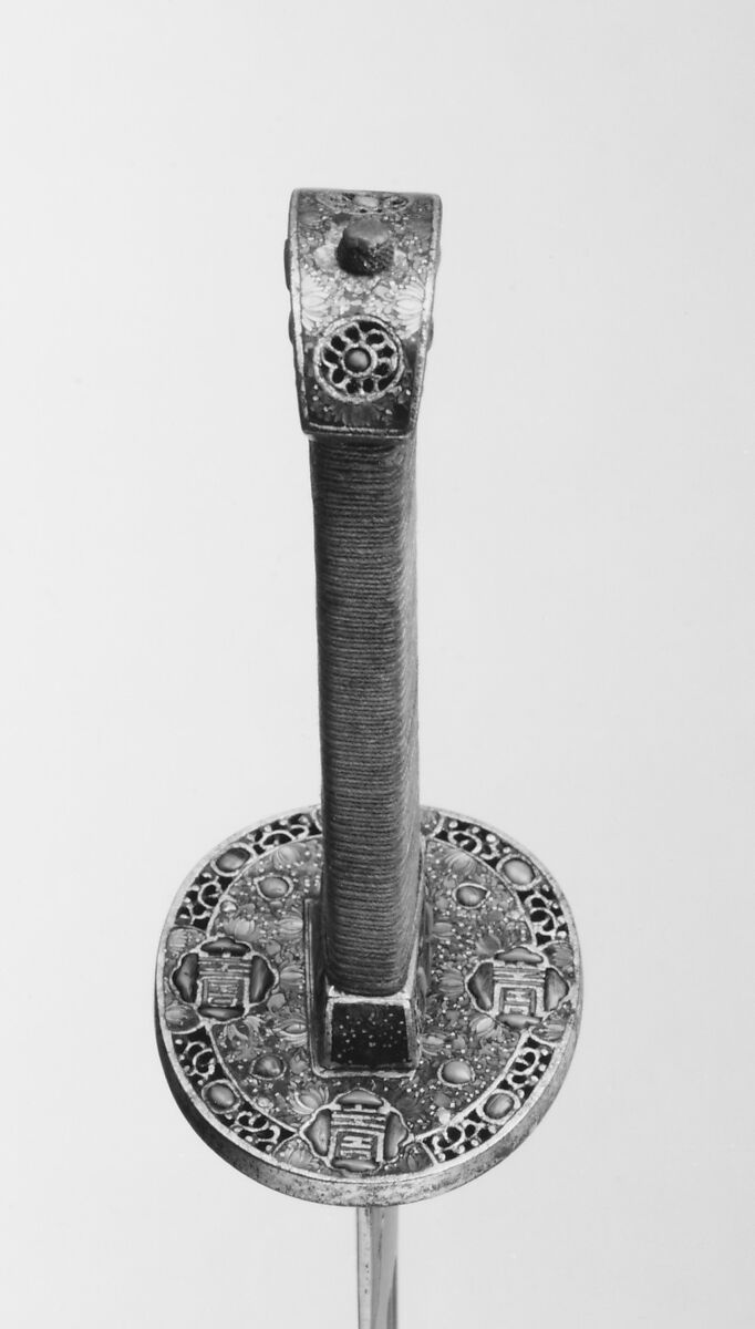 Sword with Scabbard, Steel, mother-of-pearl, coral, shark skin, textile, gold, semiprecious stones, Chinese