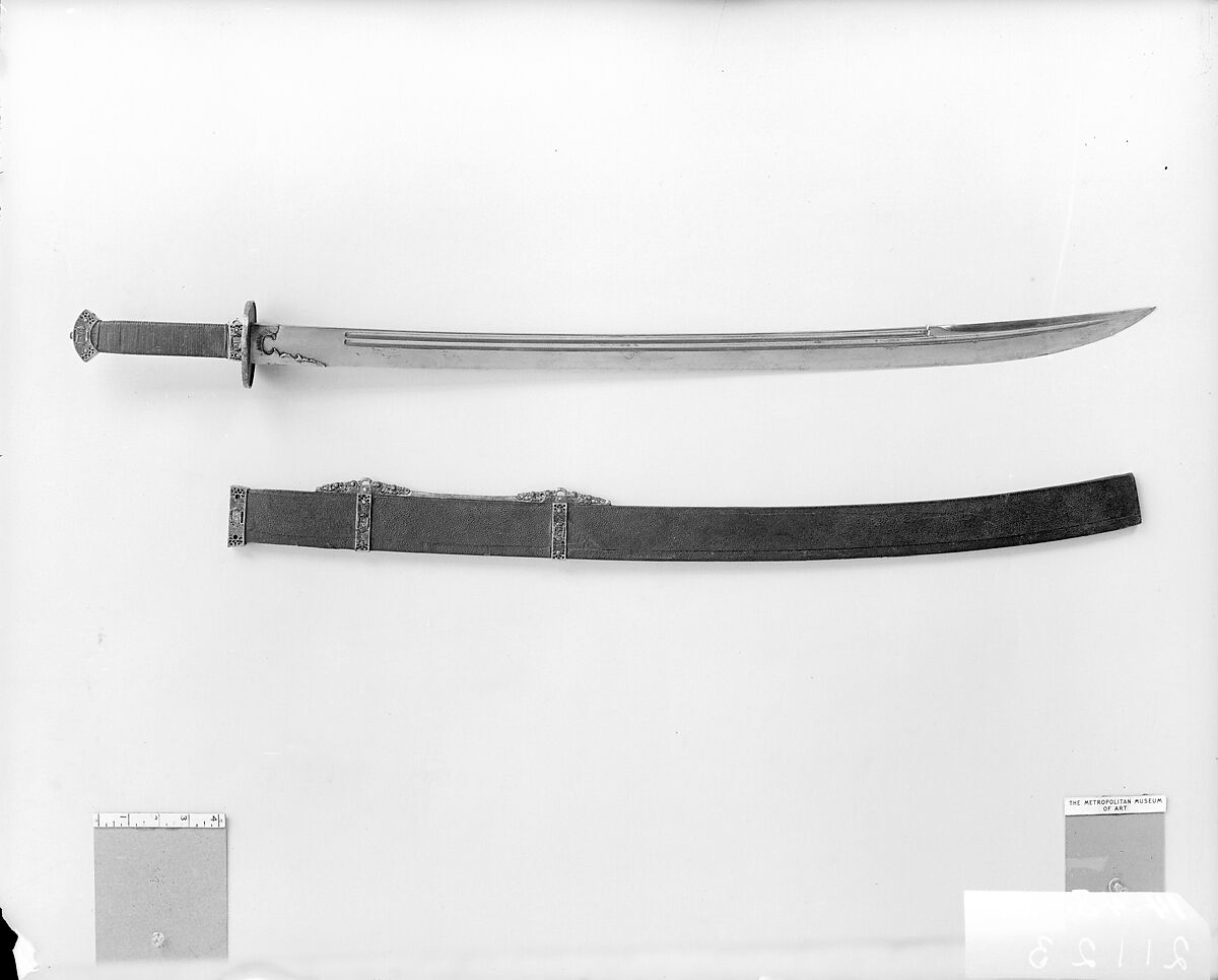 Sword with Scabbard, Steel, mother-of-pearl, coral, shark skin, textile, gold, semiprecious stones, Chinese
