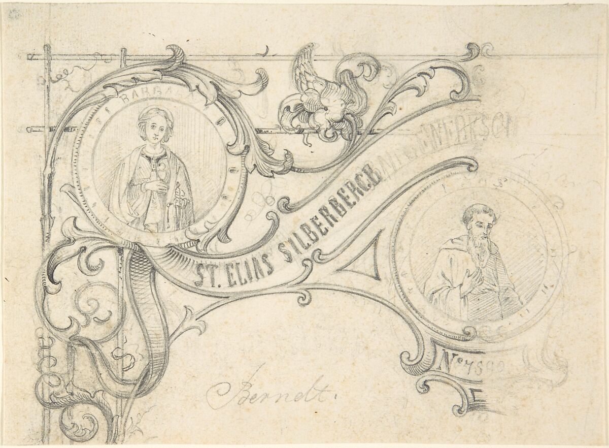 Design for Ticket or an Invitation, Anonymous, German, 19th century, Graphite, with touches of pen and black ink. Paper pricked in the area of the saints. 