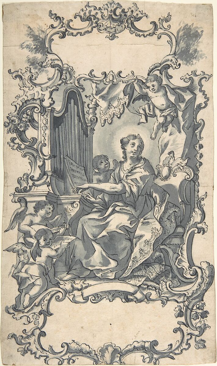 St. Cecilia, Anonymous, German, 19th century, Pen and black ink, brush and gray wash. 