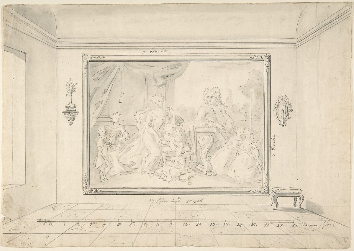 Sketch of a Painted Family Portrait "in situ", Anonymous, German, 19th century, Pen and gray ink, brush and gray wash, over traces of black chalk. 