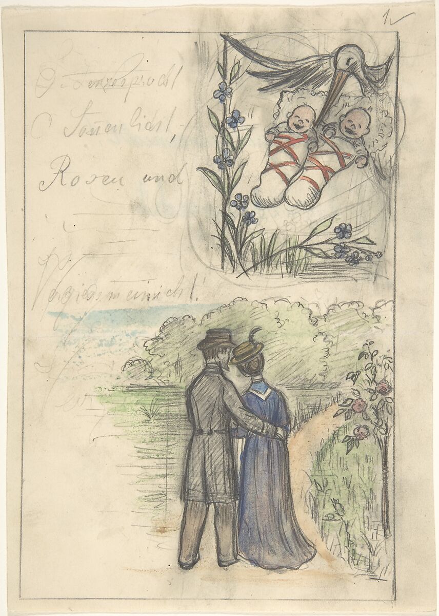 Study for a Birth Announcement, Anonymous, German, 19th century, Watercolor, black chalk; framing lines in graphite 