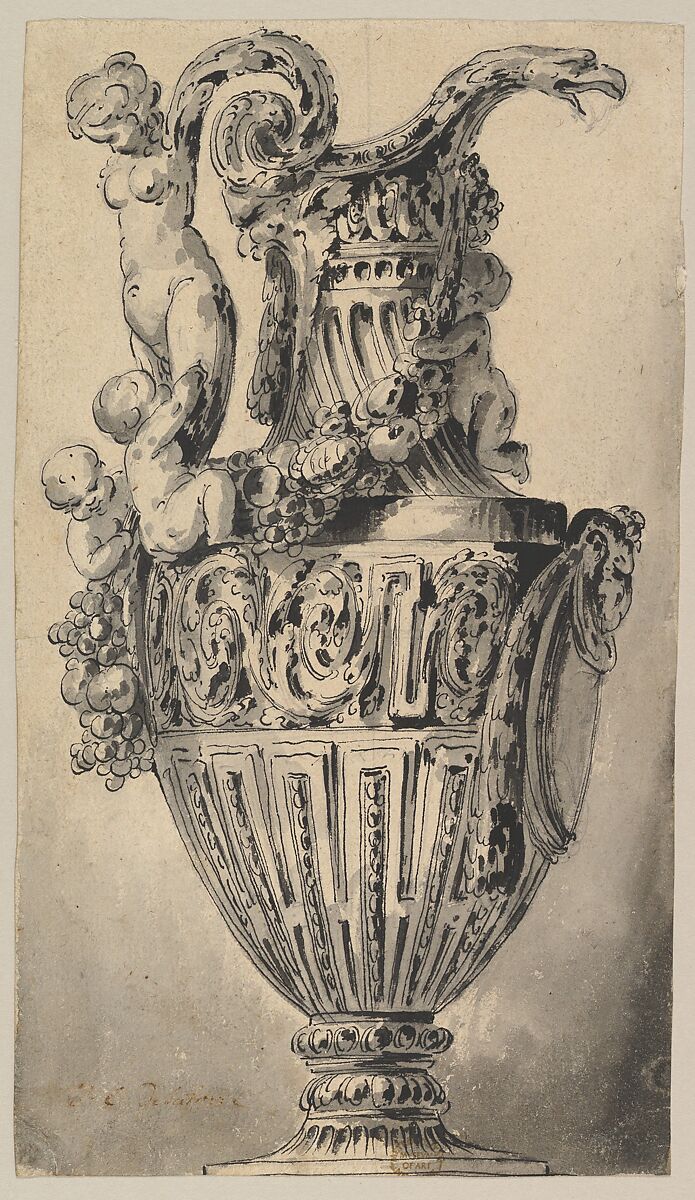 Design for a Ewer, Jean Charles Delafosse (French, Paris 1734–1789 Paris), Pen and black ink and brush and gray wash. 