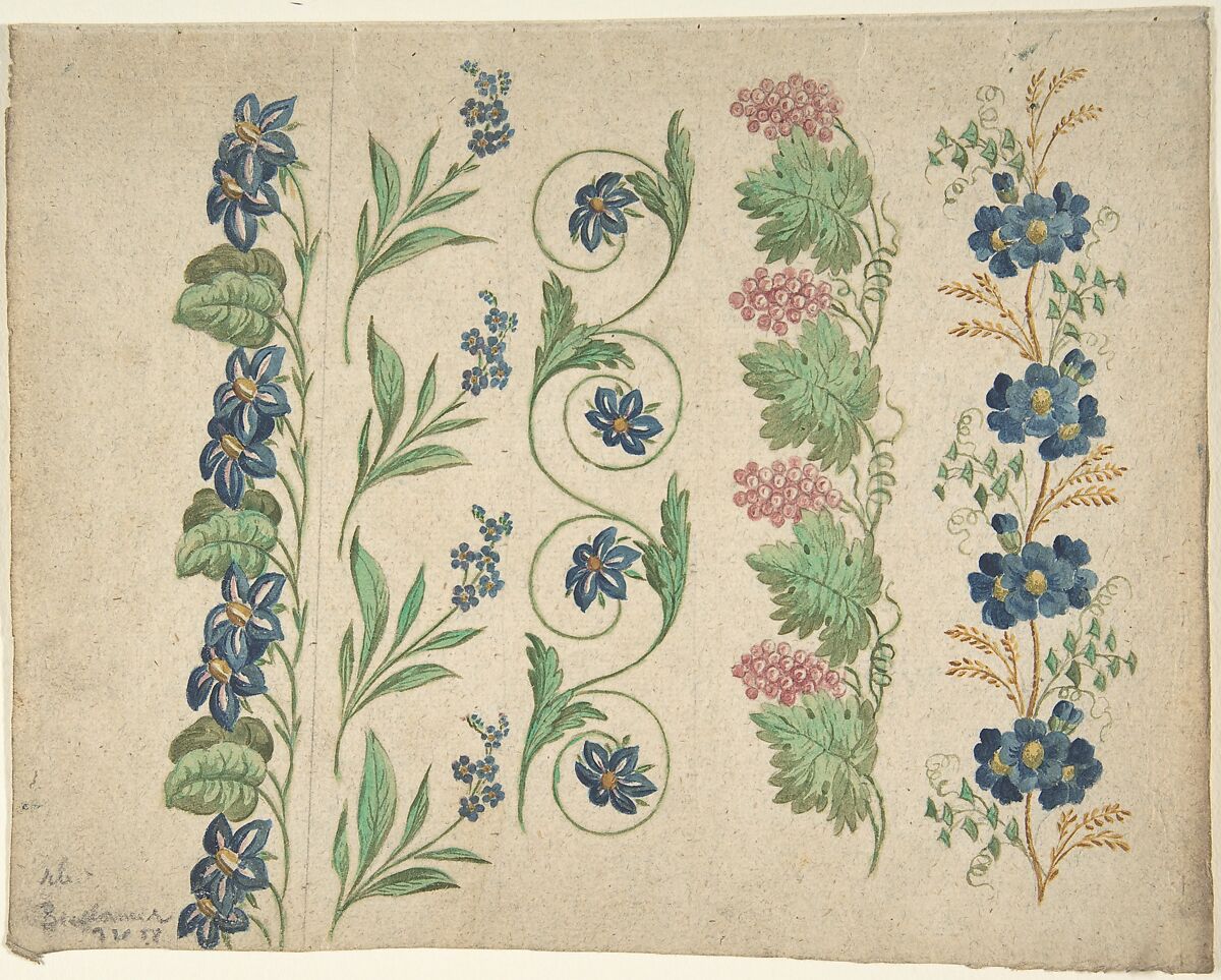 Designs for Embroidery, Anonymous, German, 19th century, Watercolor over traces of black chalk. 
